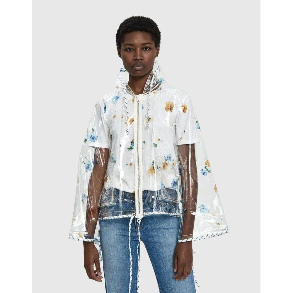 Ganni Petunia Floral Print Transparent Hooded Raincoat Clear Jacket Size 36